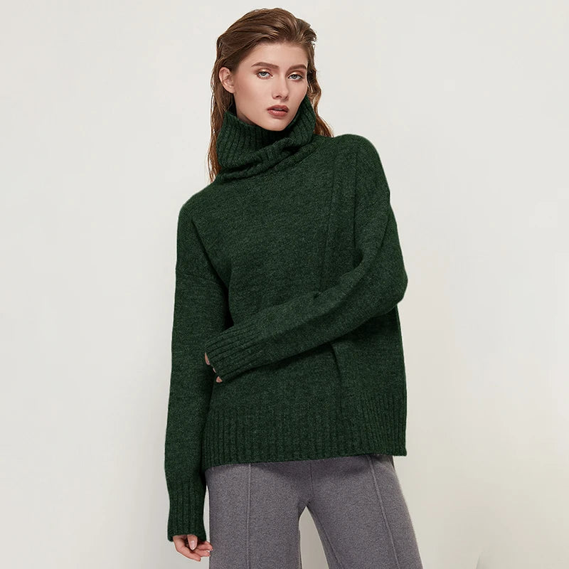 Sophisticated solid knitted two-piece set with turtleneck batwing sweater and casual wide leg pants loungewear set