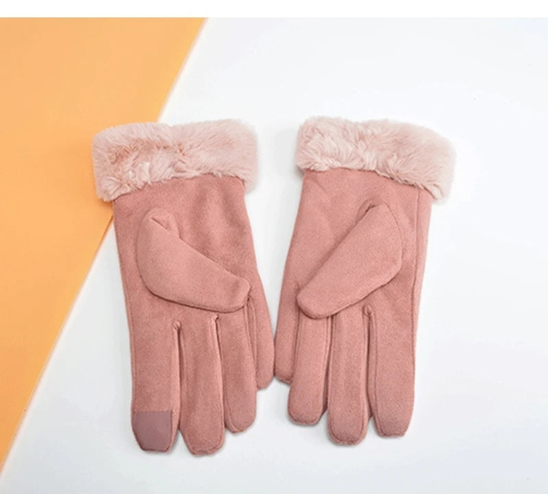 Elegant cat winter women's suede touch screen gloves with cozy soft velvet inside thicken female cats embroidery gloves