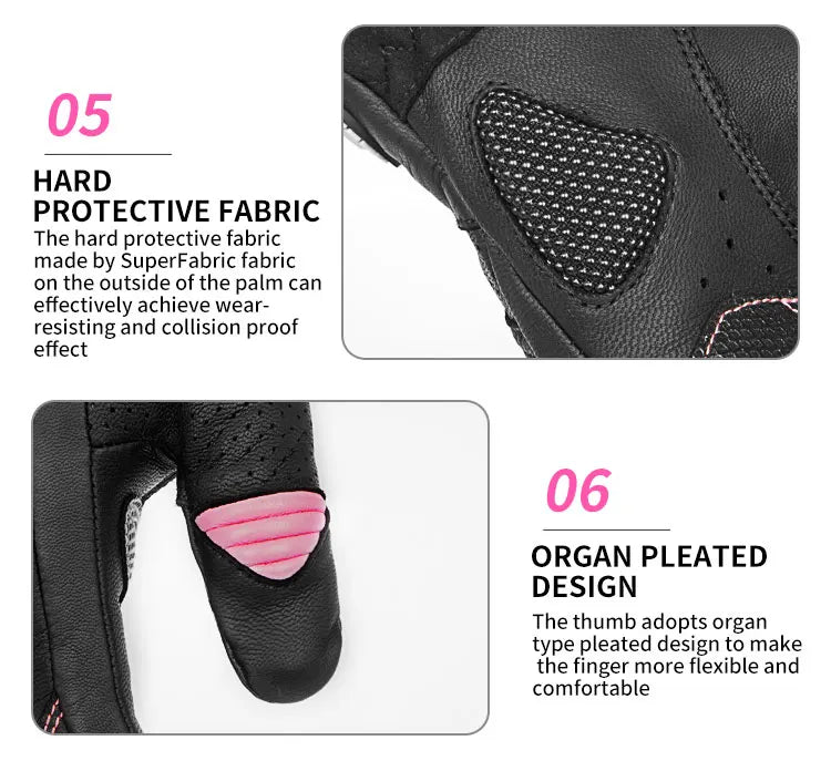 Gants de moto pour femmes en cuir de chèvre véritable, élégance pour écran tactile avec protection des articulations, style rétro d'été