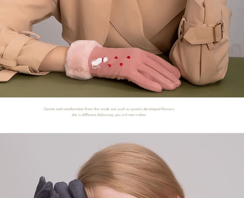 Elegant cat winter women's suede touch screen gloves with cozy soft velvet inside thicken female cats embroidery gloves