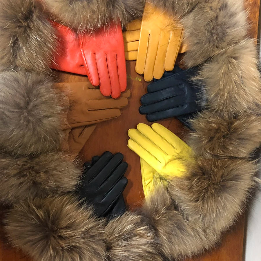 Luxurious genuine leather real raccoon fur women's gloves, big raccoon fur, and sheepskin, ensuring velvet warmth and touch for the winter season for snow cold weather .