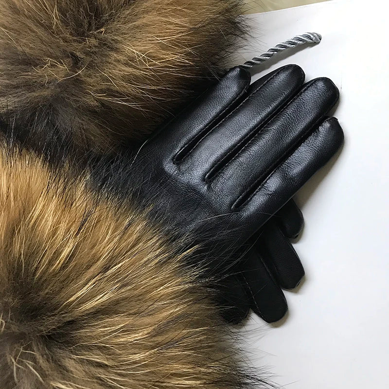 Luxurious genuine leather real raccoon fur women's gloves, big raccoon fur, and sheepskin, ensuring velvet warmth and touch for the winter season for snow cold weather .