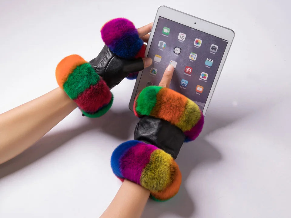 chic winter elegance: women's genuine leather rex rabbit fur fingerless driving gloves - plaid sheepskin mittens