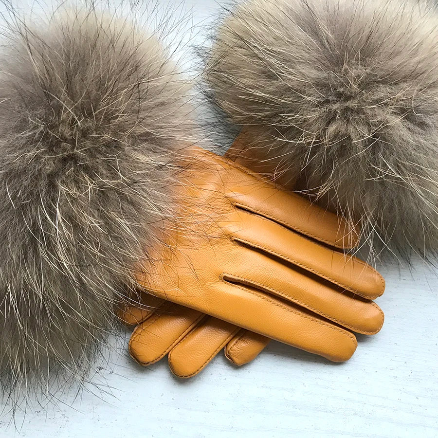 Luxurious genuine leather real raccoon fur women's gloves, big raccoon fur, and sheepskin, ensuring velvet warmth and touch for the winter season for snow cold weather .