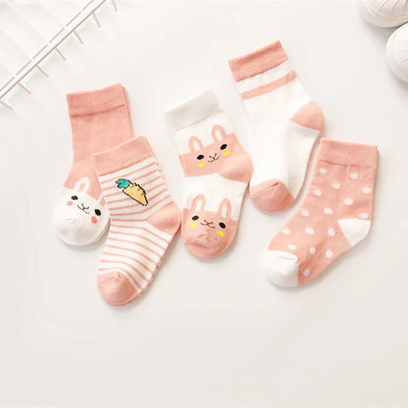 5 pairs girls baby soft cotton socks - warm striped cartoon socks for 0-8 years