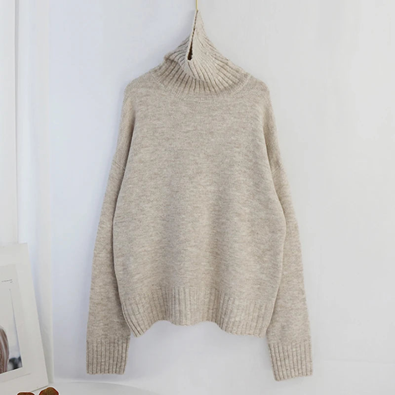 Sophisticated solid knitted two-piece set with turtleneck batwing sweater and casual wide leg pants loungewear set