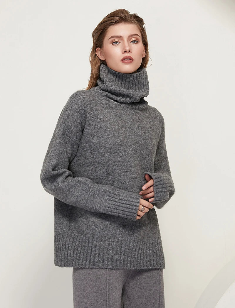 Sophisticated solid knitted two-piece set with turtleneck batwing sweater and casual wide leg pants loungewear set
