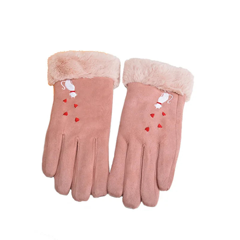 Elegant cat winter women's suede touch screen gloves with cozy soft velvet inside thicken female cats embroidery gloves