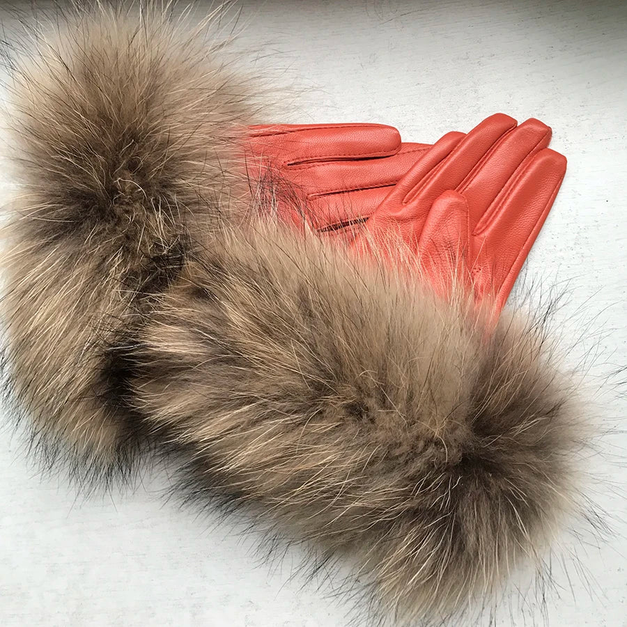Luxurious genuine leather real raccoon fur women's gloves, big raccoon fur, and sheepskin, ensuring velvet warmth and touch for the winter season for snow cold weather .