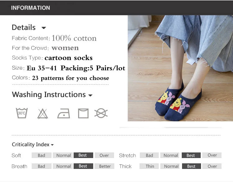 5 pairs Disney luney tunes cartoon socks - cute & casual women's invisible socks (size 34-40)