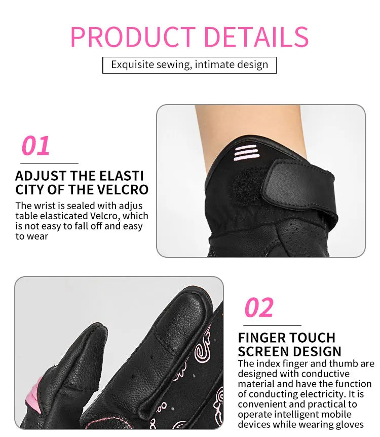 Gants de moto pour femmes en cuir de chèvre véritable, élégance pour écran tactile avec protection des articulations, style rétro d'été