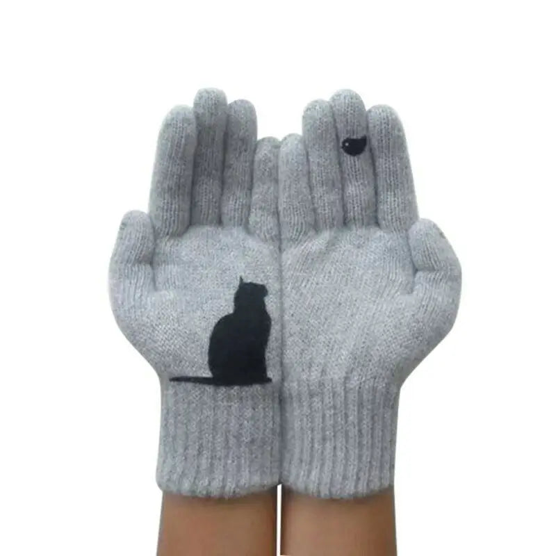 Winter warmth with cat and bird printed thermal knitted cashmere feel gloves - energize your cold days with cozy comfort women or teens girls gloves