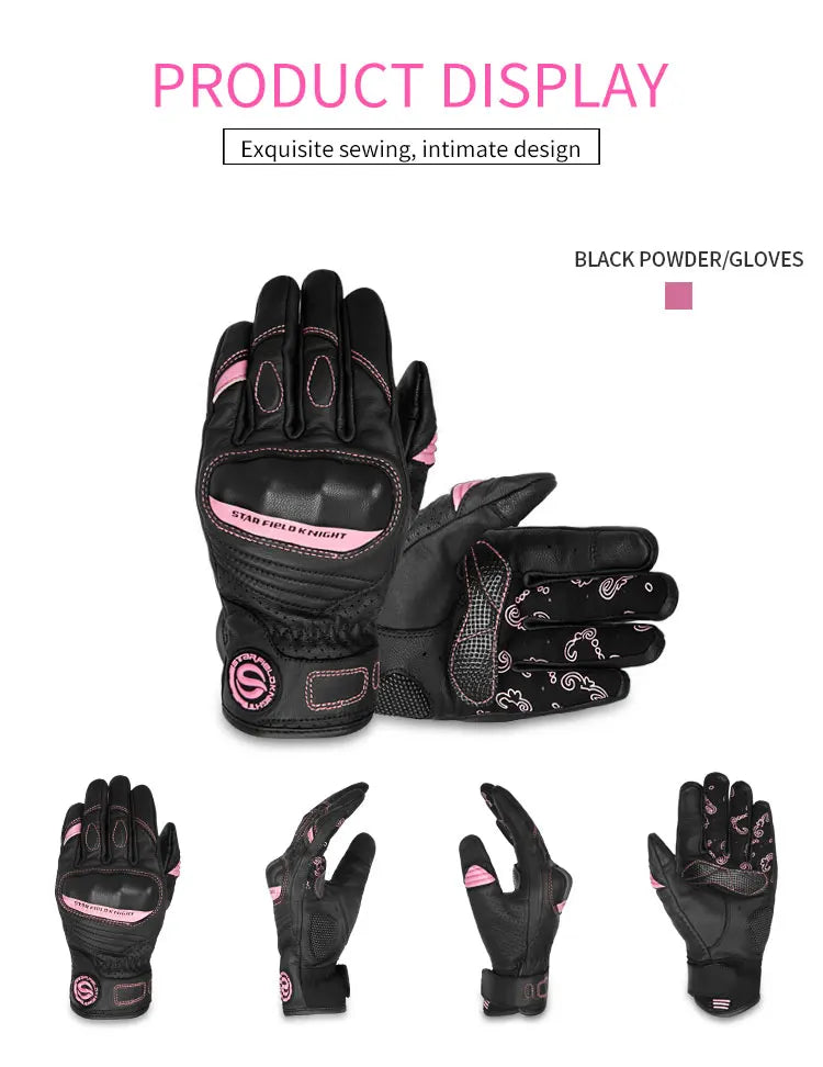 Gants de moto pour femmes en cuir de chèvre véritable, élégance pour écran tactile avec protection des articulations, style rétro d'été