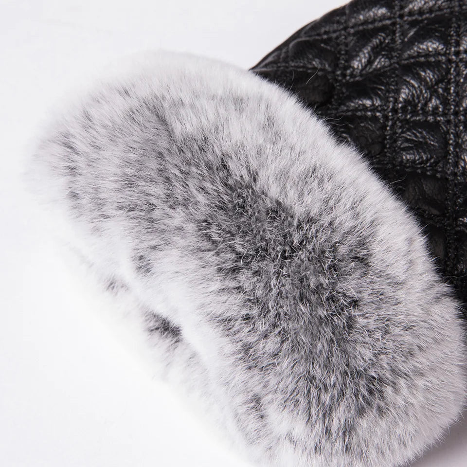 chic winter elegance: women's genuine leather rex rabbit fur fingerless driving gloves - plaid sheepskin mittens