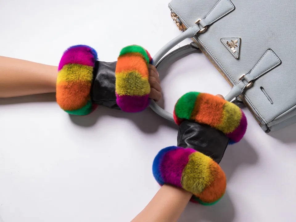 chic winter elegance: women's genuine leather rex rabbit fur fingerless driving gloves - plaid sheepskin mittens