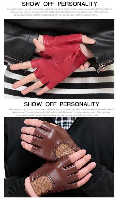 Chic stylish half finger leather motor driving gloves - breathable genuine leather gloves for even sports anti-slip