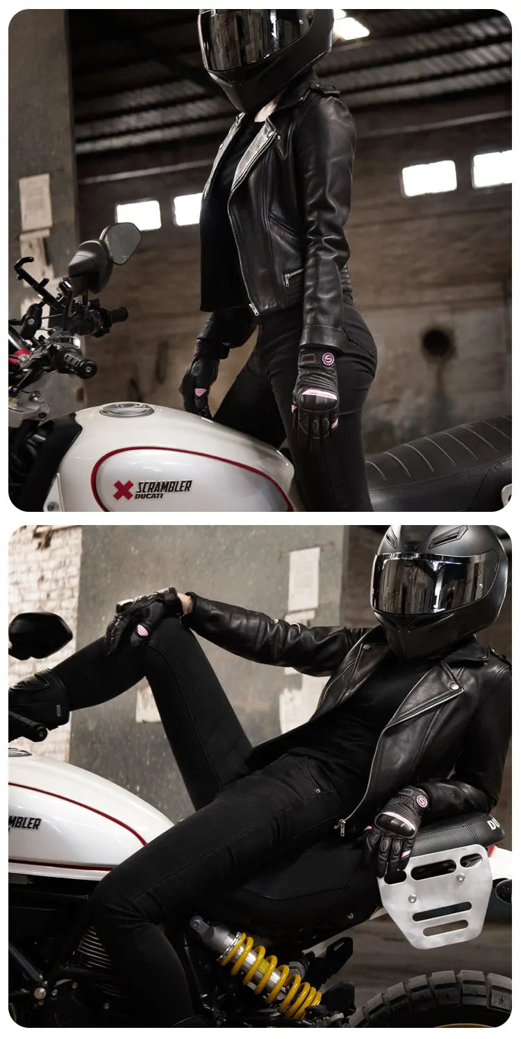 Gants de moto pour femmes en cuir de chèvre véritable, élégance pour écran tactile avec protection des articulations, style rétro d'été