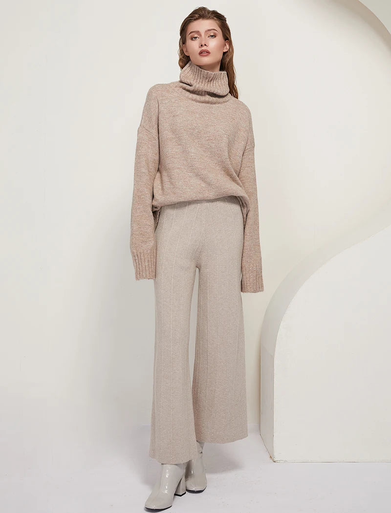 Sophisticated solid knitted two-piece set with turtleneck batwing sweater and casual wide leg pants loungewear set