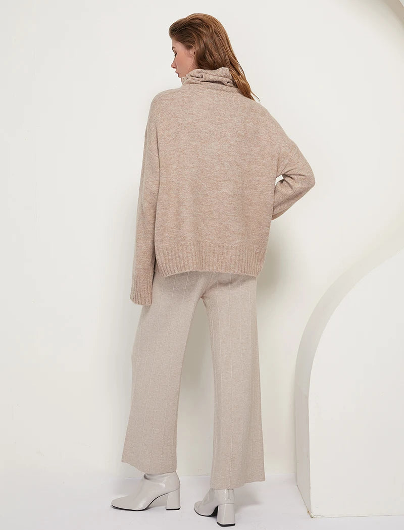 Sophisticated solid knitted two-piece set with turtleneck batwing sweater and casual wide leg pants loungewear set