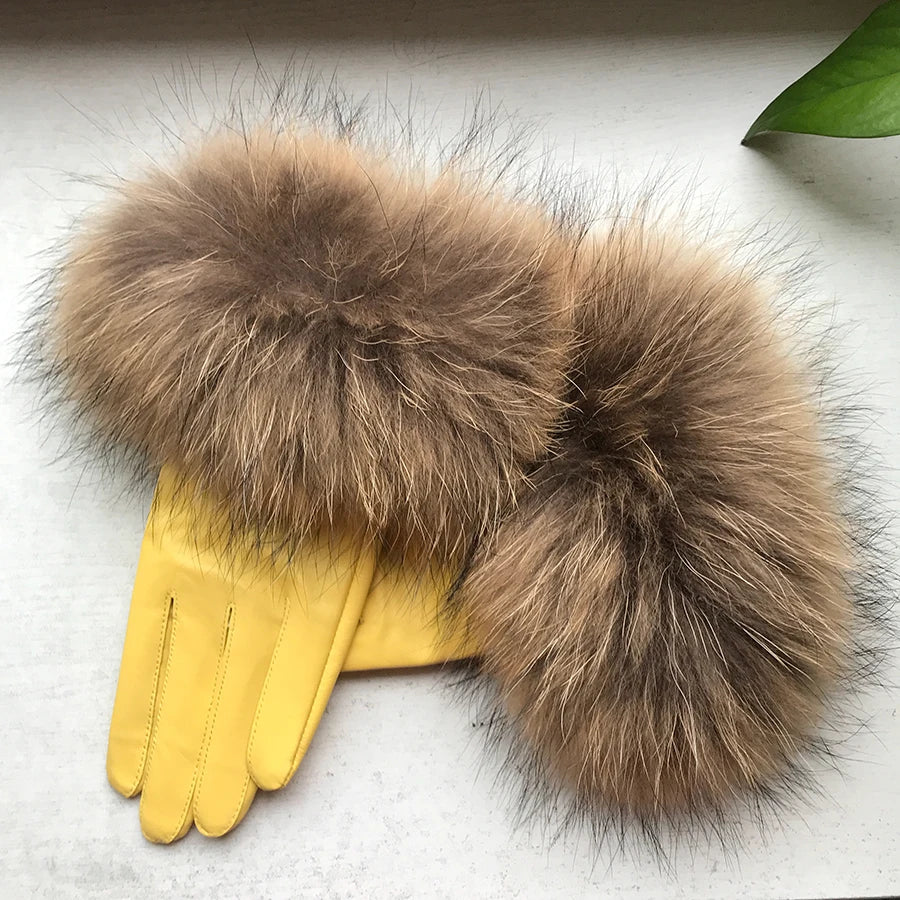 Luxurious genuine leather real raccoon fur women's gloves, big raccoon fur, and sheepskin, ensuring velvet warmth and touch for the winter season for snow cold weather .