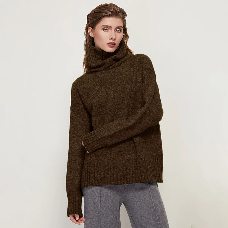 Sophisticated solid knitted two-piece set with turtleneck batwing sweater and casual wide leg pants loungewear set