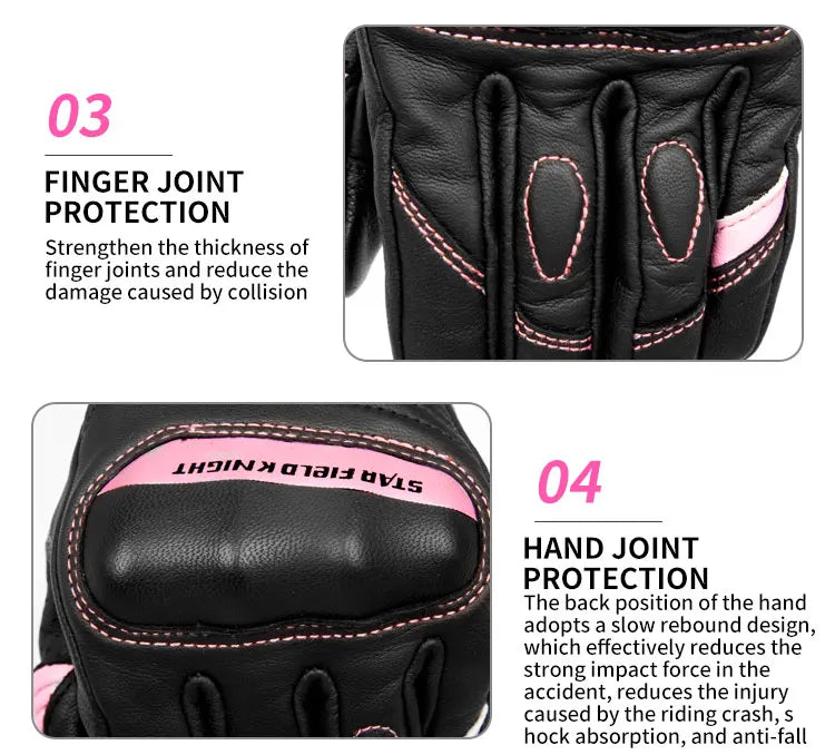 Gants de moto pour femmes en cuir de chèvre véritable, élégance pour écran tactile avec protection des articulations, style rétro d'été