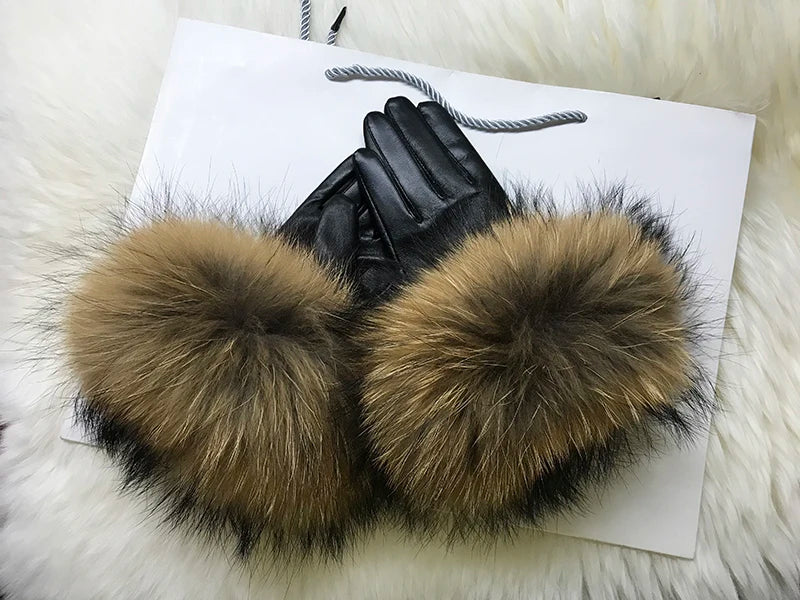 Luxurious genuine leather real raccoon fur women's gloves, big raccoon fur, and sheepskin, ensuring velvet warmth and touch for the winter season for snow cold weather .