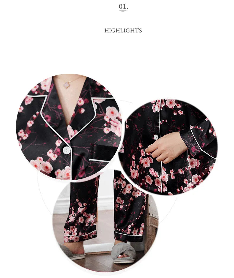 Luxuriöses Pyjama-Set mit Satin-Seiden-Feeling für Damen, eine geknöpfte Nachtwäsche-Loungewear für Winternächte