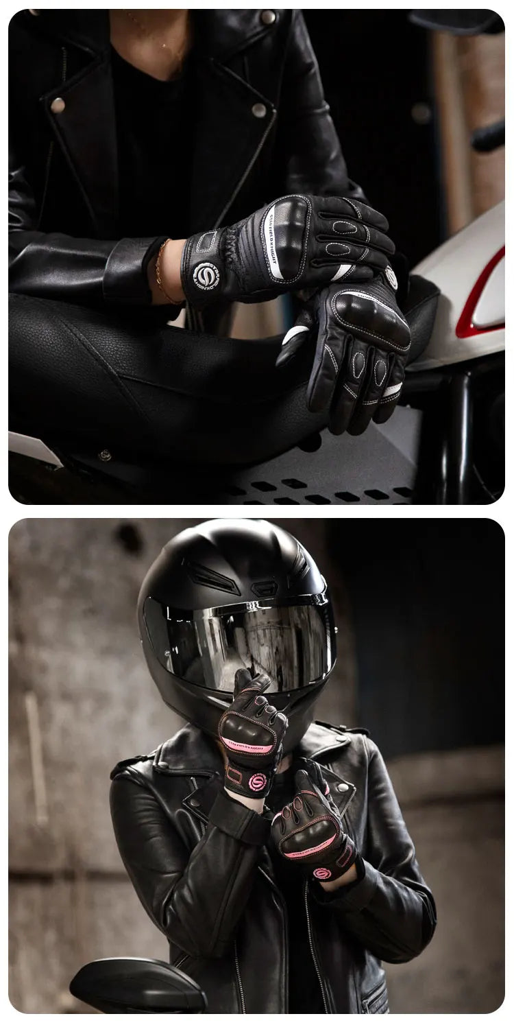 Gants de moto pour femmes en cuir de chèvre véritable, élégance pour écran tactile avec protection des articulations, style rétro d'été