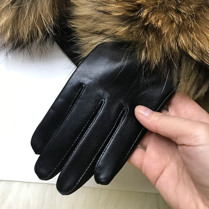 Luxurious genuine leather real raccoon fur women's gloves, big raccoon fur, and sheepskin, ensuring velvet warmth and touch for the winter season for snow cold weather .