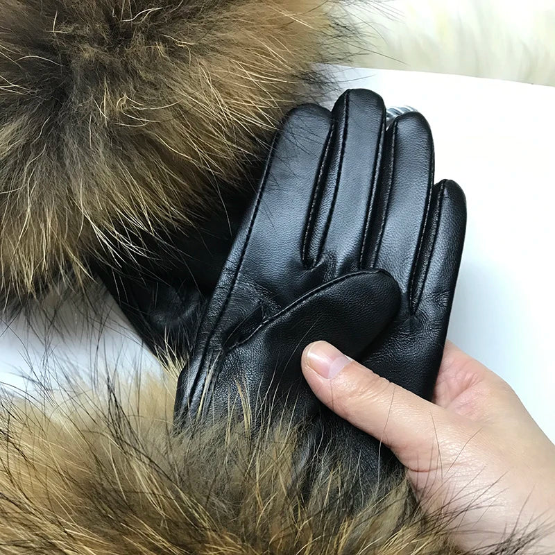 Luxurious genuine leather real raccoon fur women's gloves, big raccoon fur, and sheepskin, ensuring velvet warmth and touch for the winter season for snow cold weather .