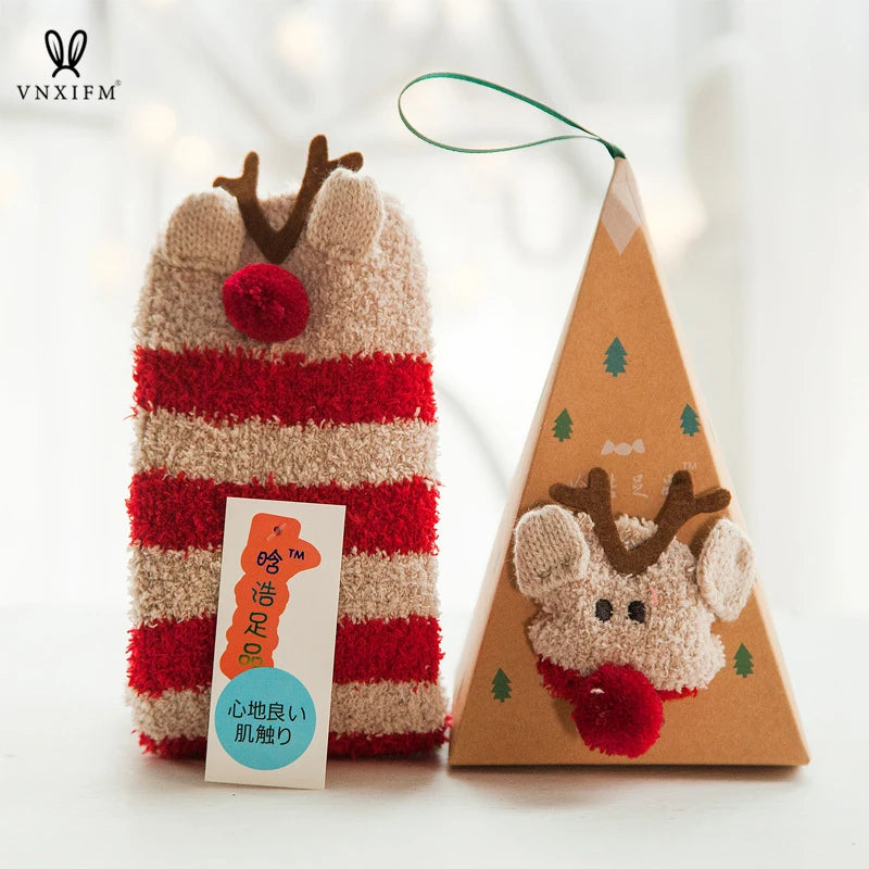 Cute animal Christmas socks with 3d fluffy coral velvet, thick and warm winter gift for women