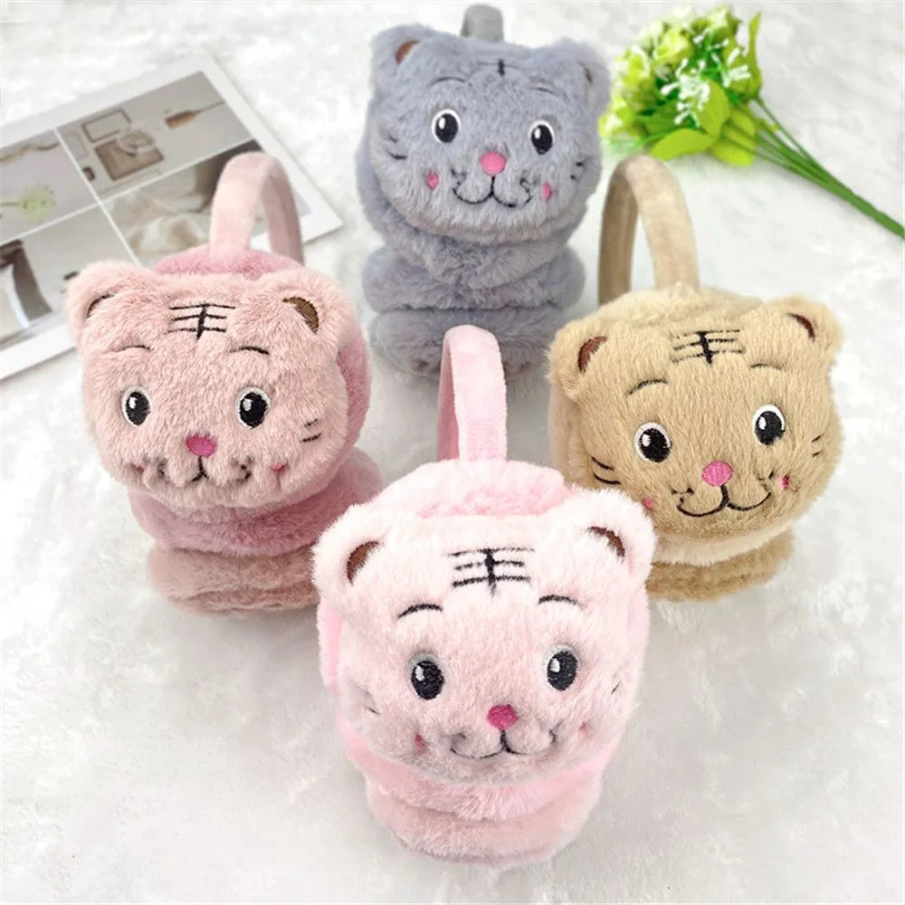 Cozy elegance tiger-themed plush ear warmer earmuffs for women and girls - cartoon cute, soft, and fluffy winter accessories