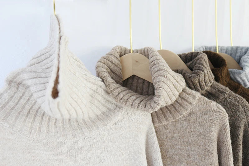 Sophisticated solid knitted two-piece set with turtleneck batwing sweater and casual wide leg pants loungewear set