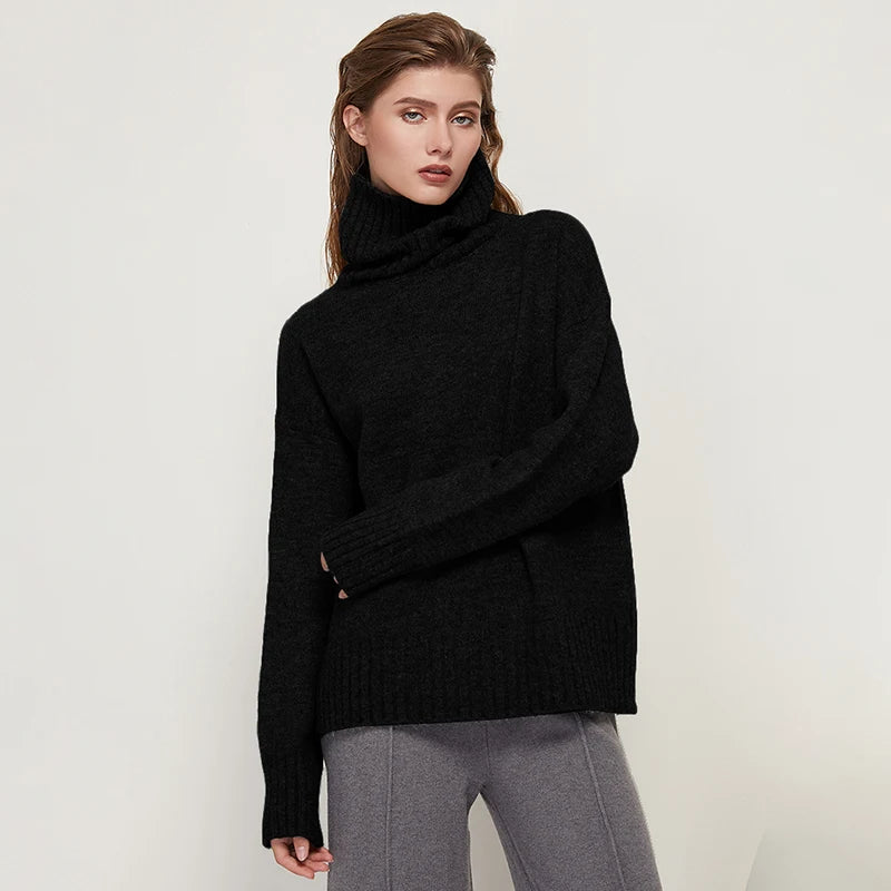 Sophisticated solid knitted two-piece set with turtleneck batwing sweater and casual wide leg pants loungewear set