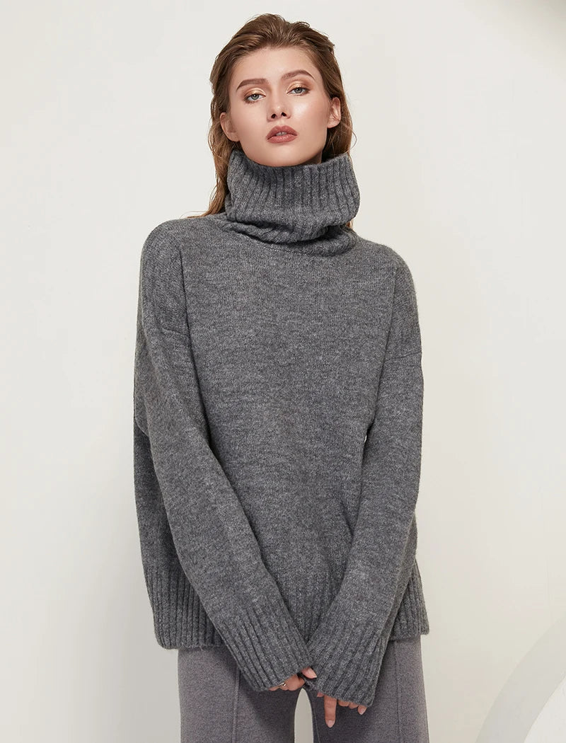 Sophisticated solid knitted two-piece set with turtleneck batwing sweater and casual wide leg pants loungewear set