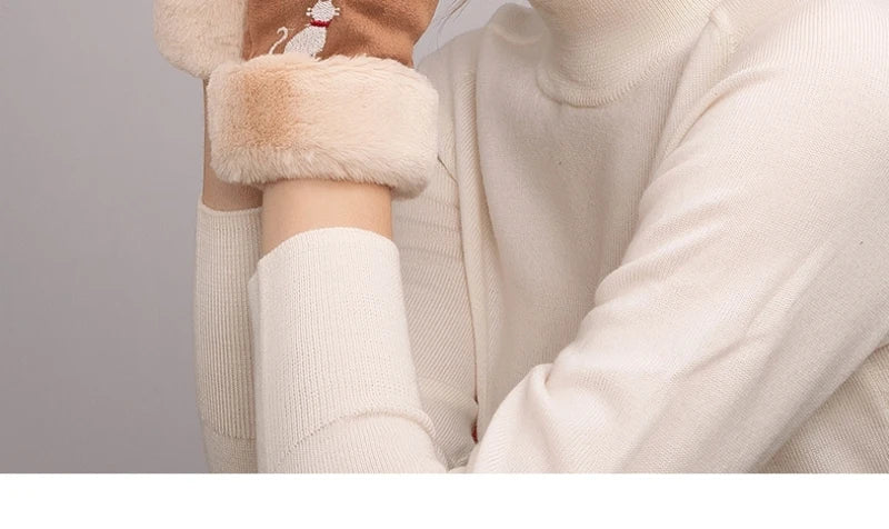 Elegant cat winter women's suede touch screen gloves with cozy soft velvet inside thicken female cats embroidery gloves