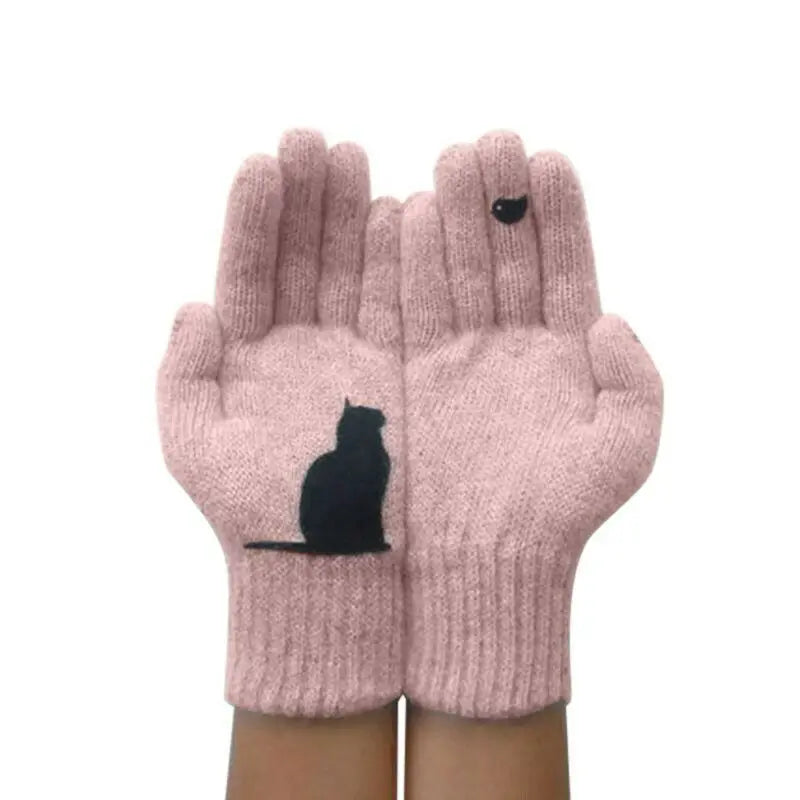 Winter warmth with cat and bird printed thermal knitted cashmere feel gloves - energize your cold days with cozy comfort women or teens girls gloves