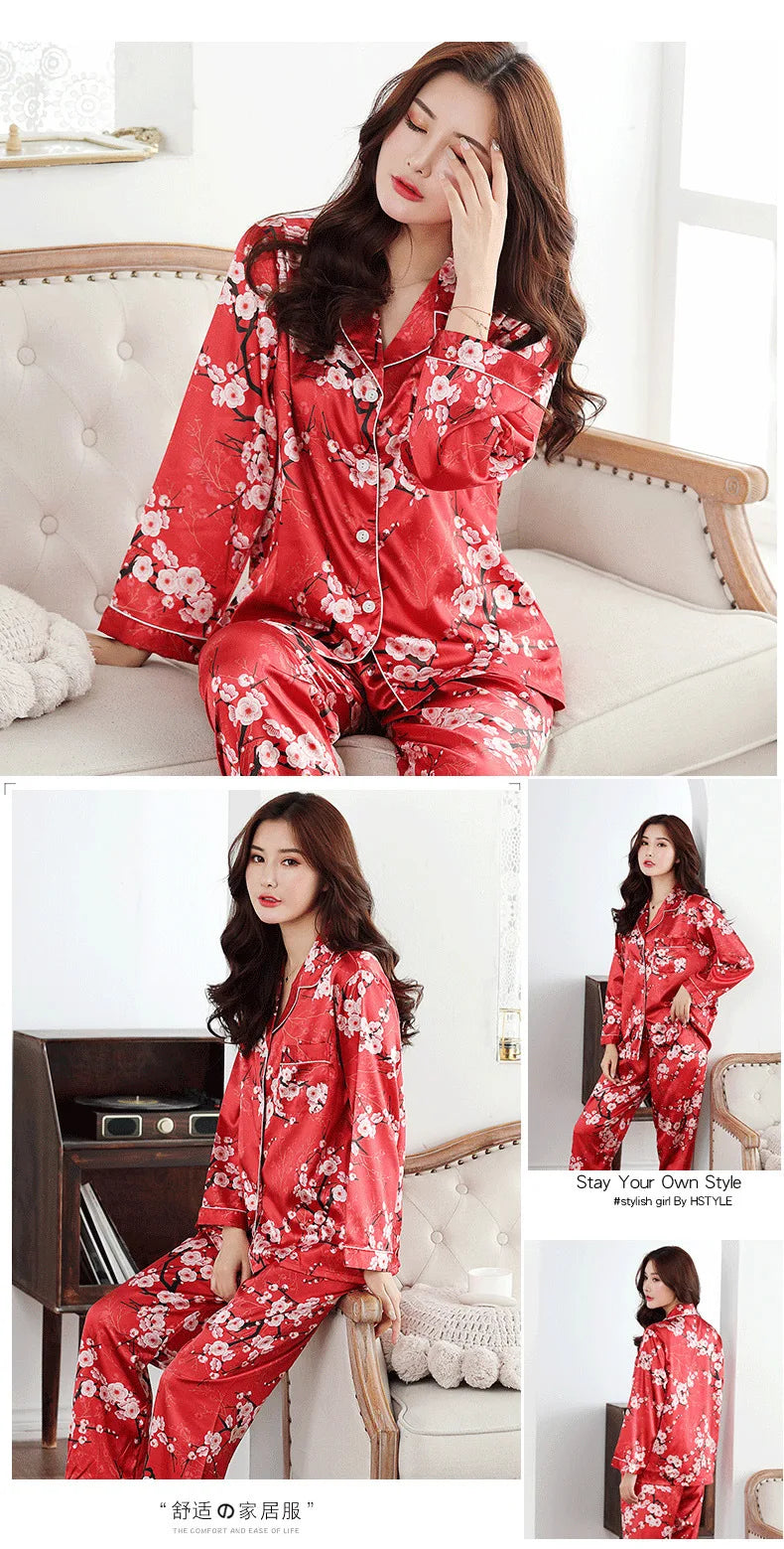 Luxuriöses Pyjama-Set mit Satin-Seiden-Feeling für Damen, eine geknöpfte Nachtwäsche-Loungewear für Winternächte