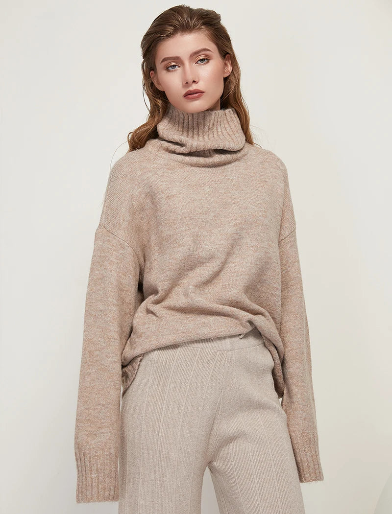 Sophisticated solid knitted two-piece set with turtleneck batwing sweater and casual wide leg pants loungewear set