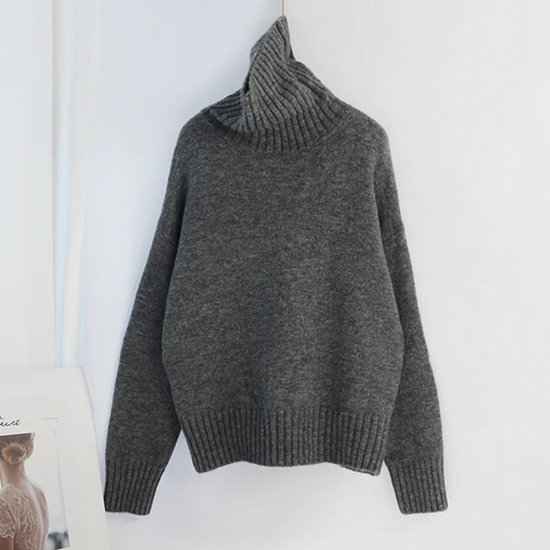 Sophisticated solid knitted two-piece set with turtleneck batwing sweater and casual wide leg pants loungewear set