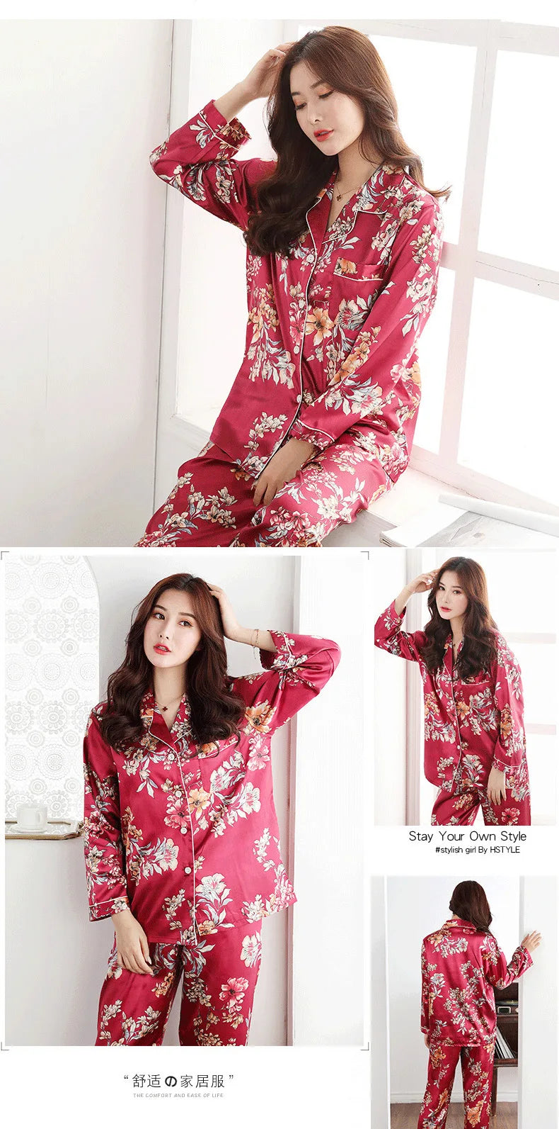 Luxuriöses Pyjama-Set mit Satin-Seiden-Feeling für Damen, eine geknöpfte Nachtwäsche-Loungewear für Winternächte