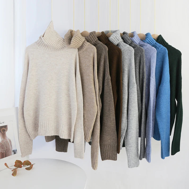 Sophisticated solid knitted two-piece set with turtleneck batwing sweater and casual wide leg pants loungewear set