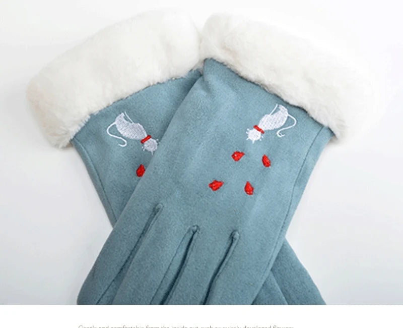 Elegant cat winter women's suede touch screen gloves with cozy soft velvet inside thicken female cats embroidery gloves