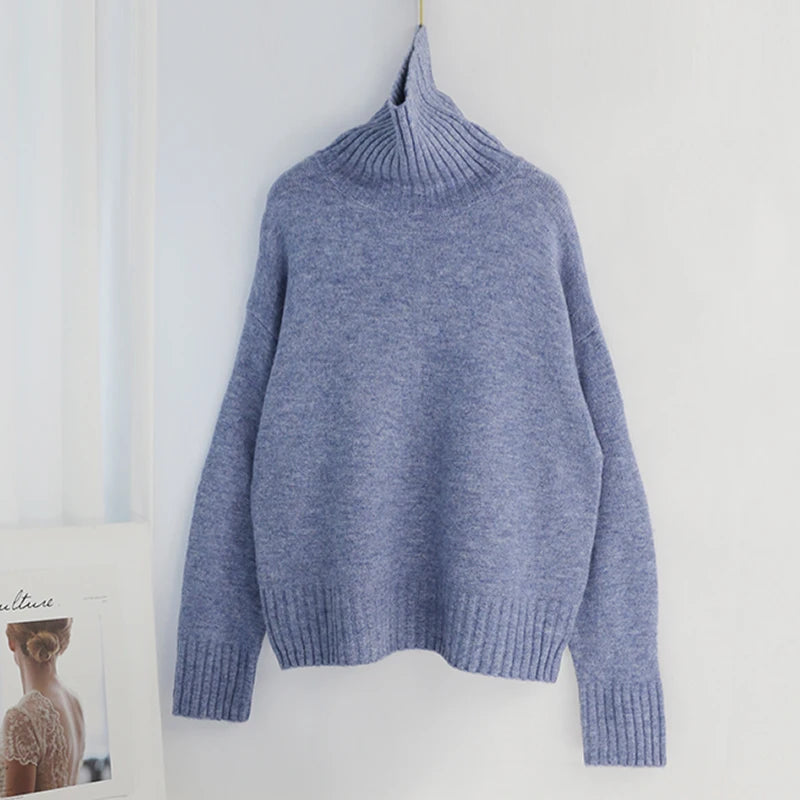 Sophisticated solid knitted two-piece set with turtleneck batwing sweater and casual wide leg pants loungewear set