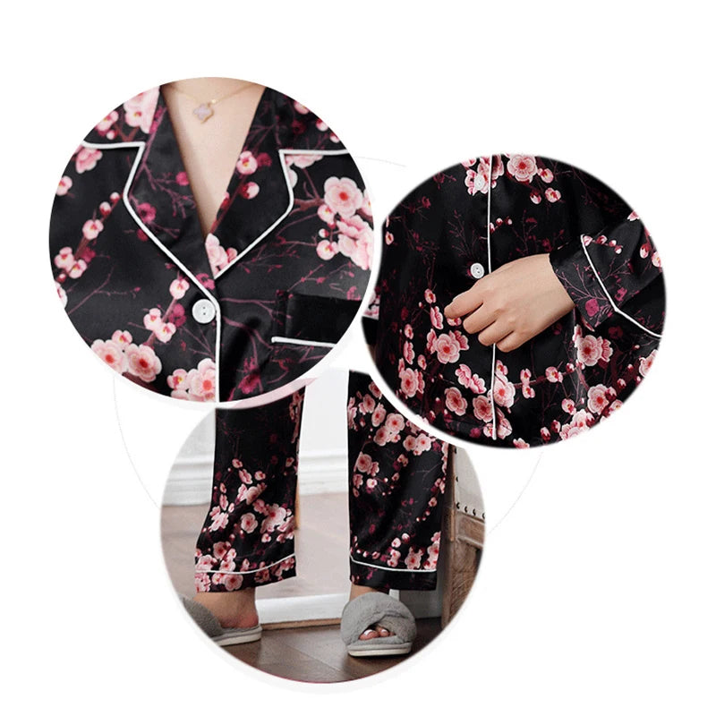 Luxuriöses Pyjama-Set mit Satin-Seiden-Feeling für Damen, eine geknöpfte Nachtwäsche-Loungewear für Winternächte