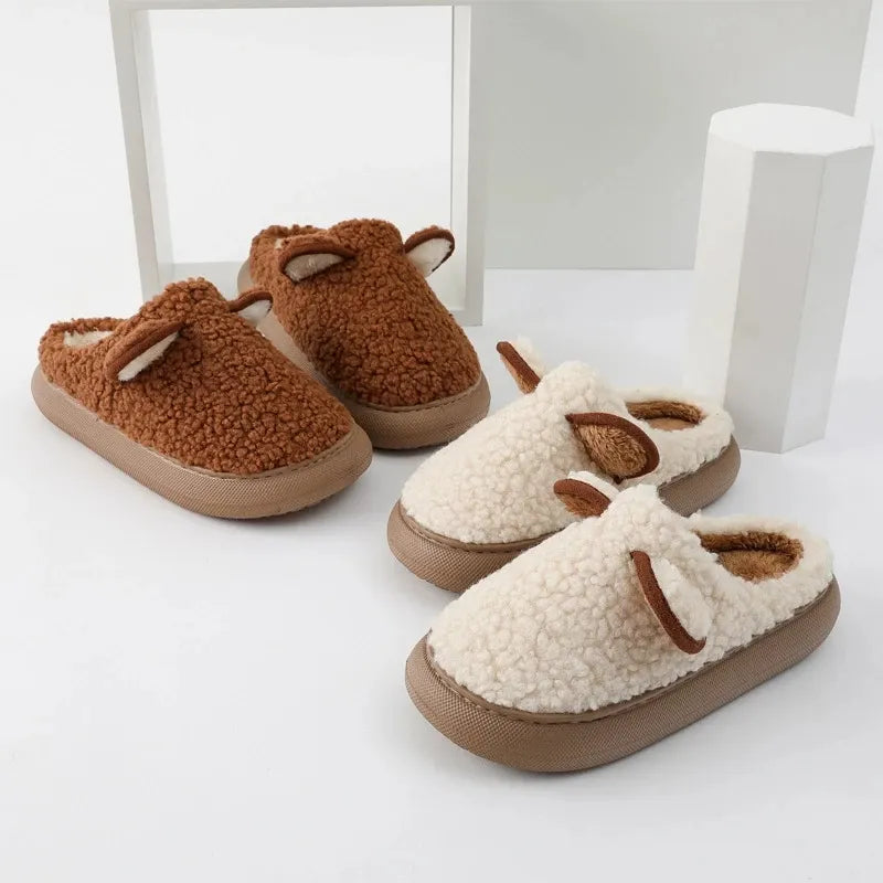 Cozy bliss for winter with our warm fluffy slippers with thick sole - cute cartoon animal sheep for easter ear design for ultimate home comfort kids women