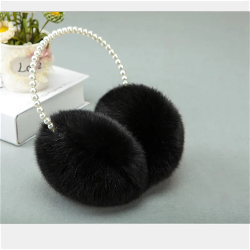 Cute cozy warm Pearl Earmuffs , Comfortable Winter Warmers in Imitation Rabbit Plush for Keeping Warm women and girls