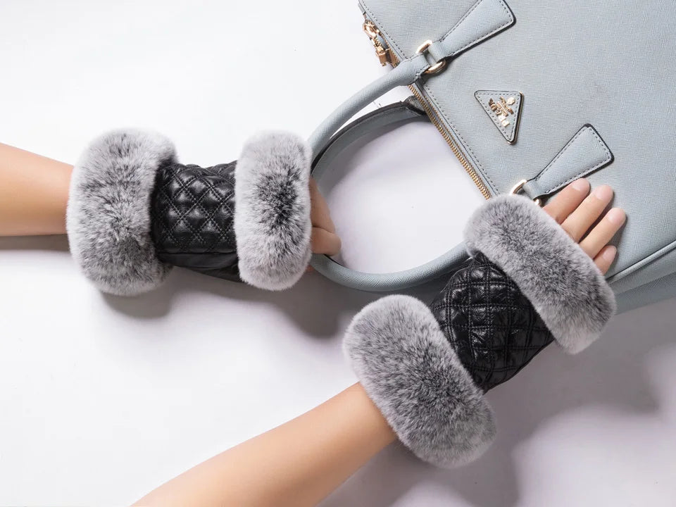 chic winter elegance: women's genuine leather rex rabbit fur fingerless driving gloves - plaid sheepskin mittens
