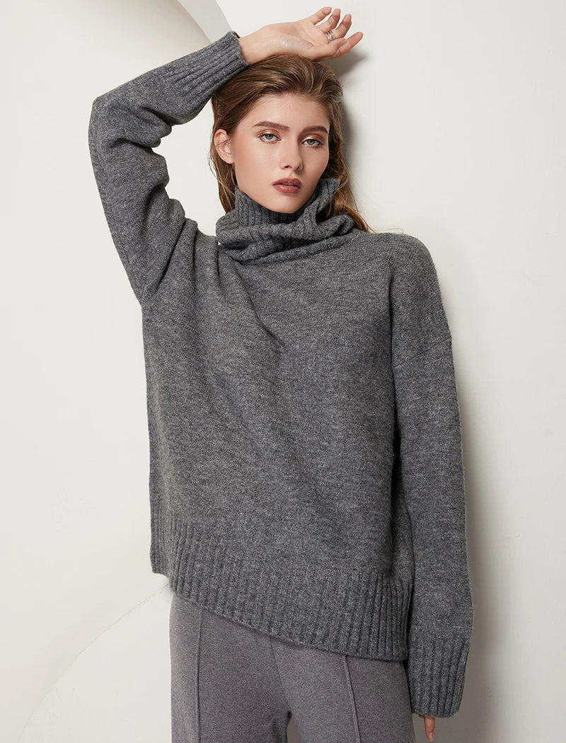 Sophisticated solid knitted two-piece set with turtleneck batwing sweater and casual wide leg pants loungewear set